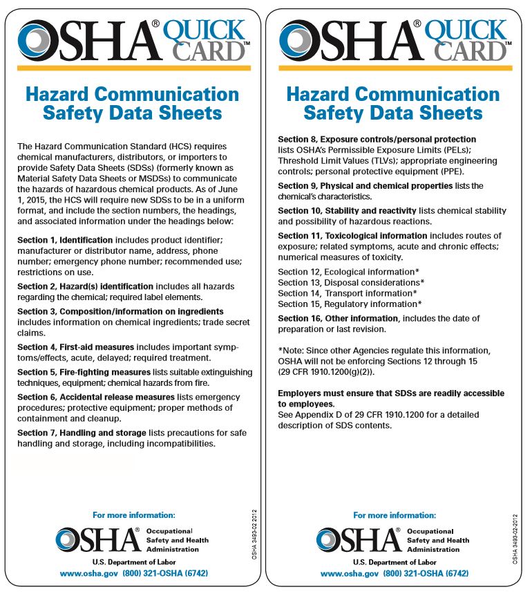 OSHA SDS Quick Cards