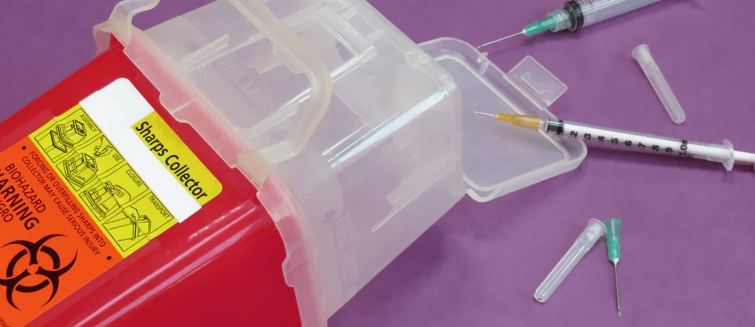 FDA-cleared sharps container for needle disposal